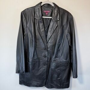Jessica London Black %100 Leather Women's Size 22 Three Button Blazer Coat Soft